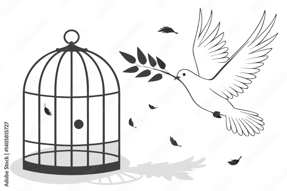 Fototapeta premium 8 white dove, olive branch, breaking free, open birdcage, freedom symbolism, feathers falling, dramatic lighting, minimalist composition, symbolic imagery, hope, peace, liberation, high contrast, shad