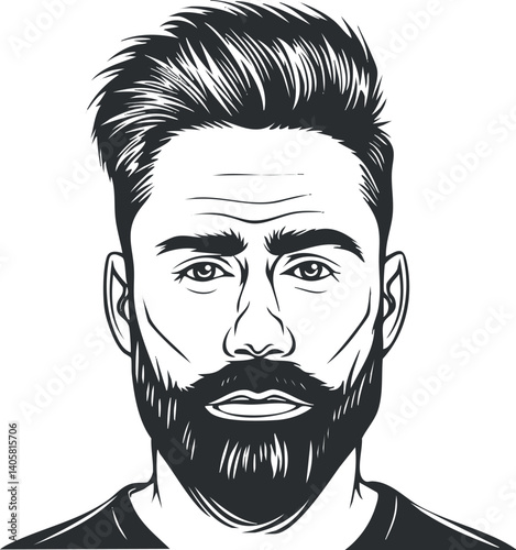 Illustration of a confident man with a beard and stylish hair in line art style.