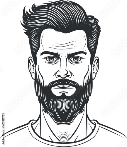 Stylized black and white illustration of a bearded man with trendy hairstyle and confident expression.