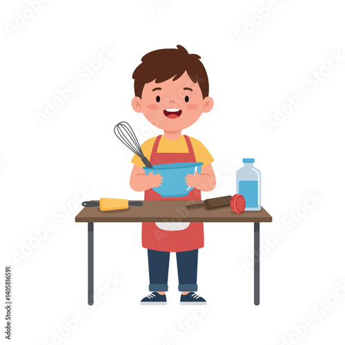 Young boy happily mixing ingredients in a blue bowl with a whisk, flat design vector art