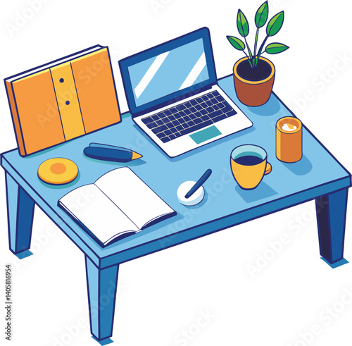 Isometric Workspace with Laptop, Notebook, and Coffee on Wooden Table