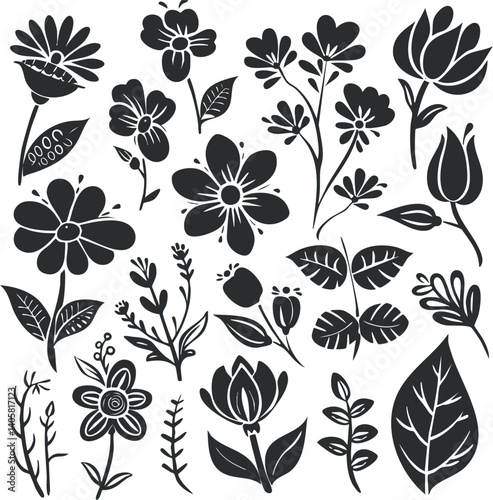 A collection of hand-drawn black and white floral illustrations featuring various flower types and leaves.