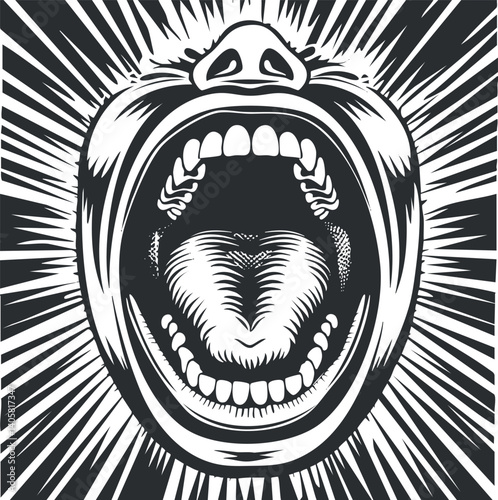 Bold illustration of a screaming monkey face with dynamic lines radiating outward.