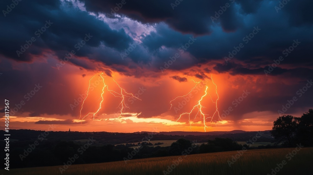 Dramatic Thunderstorm with Lightning Strikes and Vibrant Sunset Over Rolling Hills Dramatic Thunderstorm with Lightning Strikes and Vibrant Sunset Over Rolling Hills