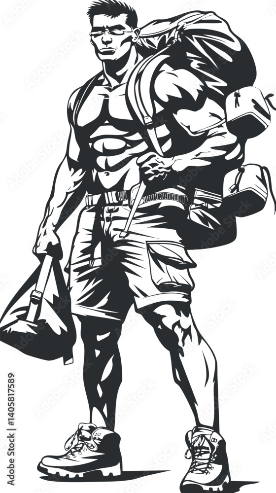 Fototapeta premium A muscular man stands confidently with a backpack and duffel bag ready for adventure.