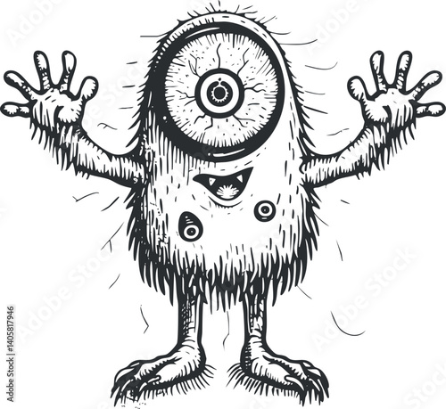 A playful cartoon monster character with one eye and outstretched hands, designed for fun illustrations.