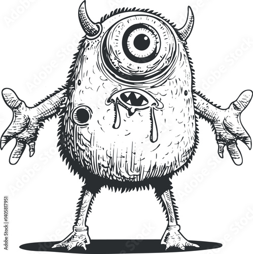 A whimsical cartoon monster with one eye, furry body, and playful design in black and white.