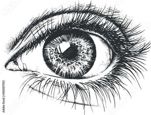 Detailed monochrome illustration of a human eye showcasing intricate features and textures.