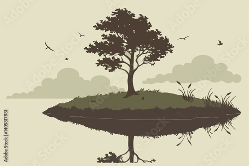 10 Surreal reflection, tiny planet, floating island, single tree sapling, mirror image, water surface, cloudy sky, symmetry, minimalist landscape, green foliage sphere, nature concept, environmental m