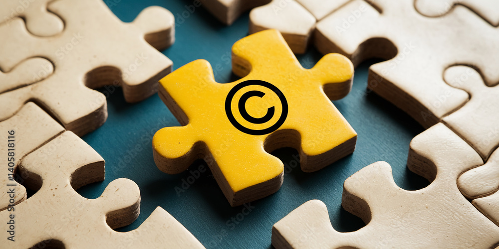 Fototapeta premium Yellow puzzle piece with copyright symbol among beige pieces, symbolizing intellectual property protection and its importance in a complete system