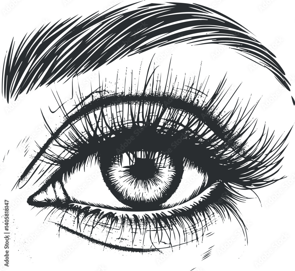 Obraz premium Detailed black and white illustration of an expressive eye with long eyelashes and intricate features