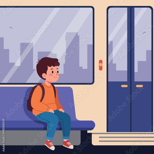 A young boy sitting quietly on a purple bus seat in a minimalistic interior design with city view, showcasing calmness and contemplation in vector art