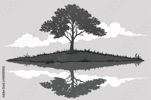 10 Surreal reflection, tiny planet, floating island, single tree sapling, mirror image, water surface, cloudy sky, symmetry, minimalist landscape, green foliage sphere, nature concept, environmental m