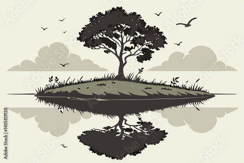 10 Surreal reflection, tiny planet, floating island, single tree sapling, mirror image, water surface, cloudy sky, symmetry, minimalist landscape, green foliage sphere, nature concept, environmental m