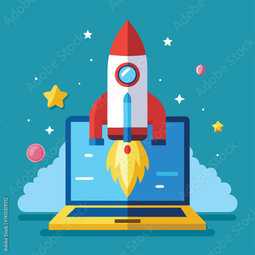 Rocket Launching from Laptop Symbolizing Technology and Innovation Success