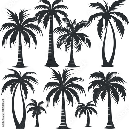 A collection of various silhouettes of palm trees for tropical and beach-themed designs.