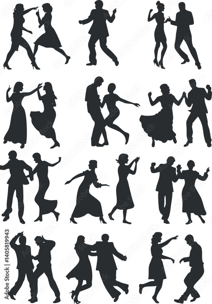 Fototapeta premium A collection of dancing silhouettes featuring couples in various poses and styles.