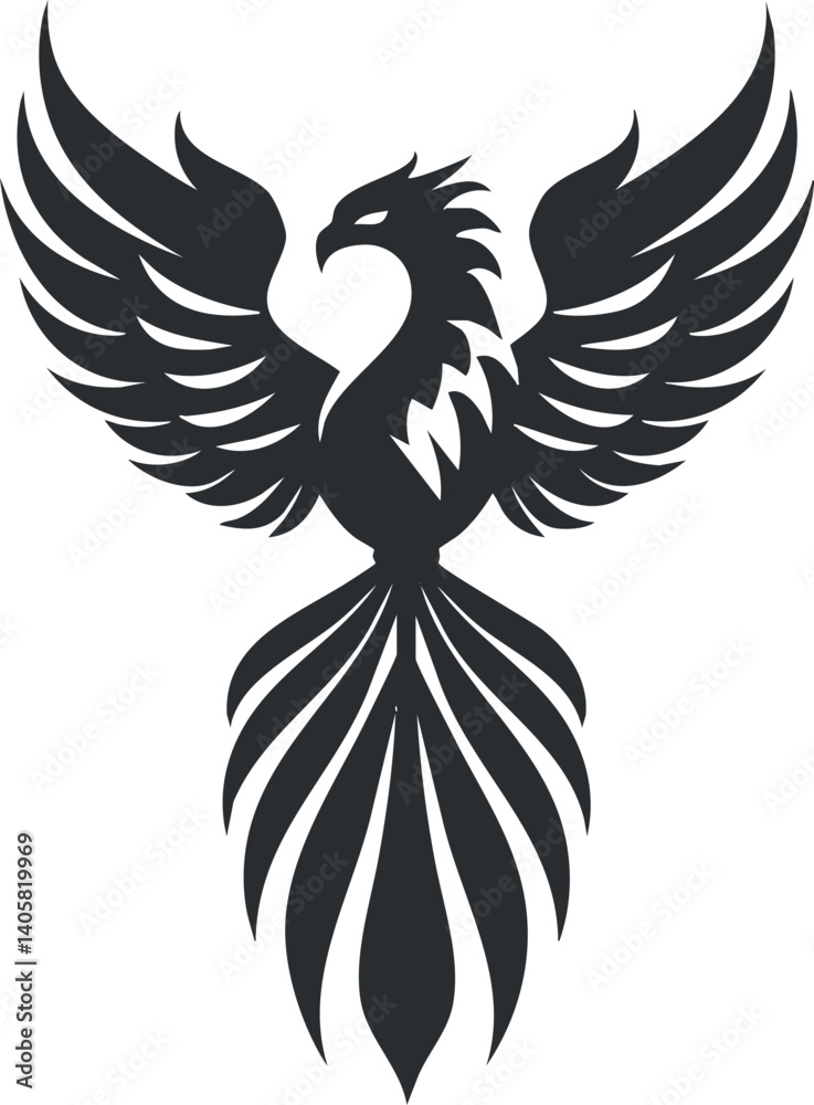 Fototapeta premium A stylized black silhouette of a mythical phoenix bird with elegant wings.