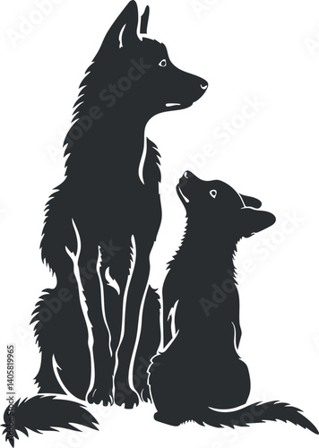 Silhouette of two dogs sitting and standing, showcasing companionship and loyalty.