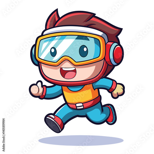 Cartoon character running, wearing goggles and headphones