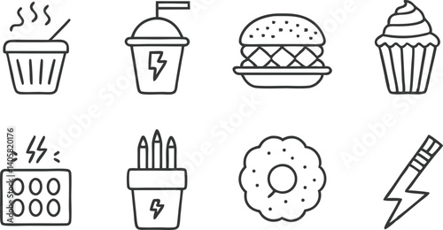 Fast Food Icons Burger, Cupcake, Drink, and Snacks