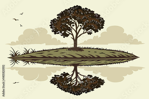 10 Surreal reflection, tiny planet, floating island, single tree sapling, mirror image, water surface, cloudy sky, symmetry, minimalist landscape, green foliage sphere, nature concept, environmental m