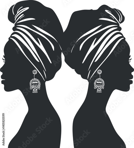 Elegant silhouettes of two women featuring headwraps and earrings in a minimalist style.