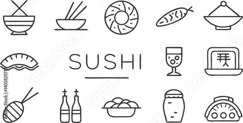 Sushi Restaurant Icons Bowls, Chopsticks, Sake, and More