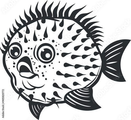 A playful cartoon illustration of a pufferfish with spiky fins and an expressive face.