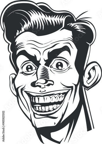 A cheerful cartoon character with a big smile and playful expression in a retro style.