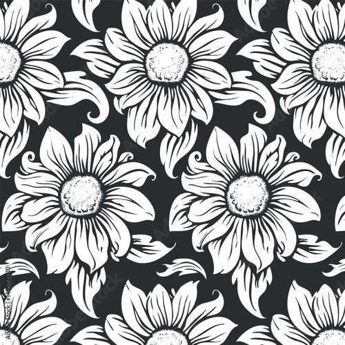 Black and white floral pattern featuring hand-drawn sunflowers with elegant leaves and petals.