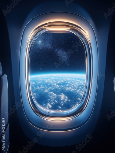 Space view of Earth and stars seen through futuristic airplane window during high-altitude flight
