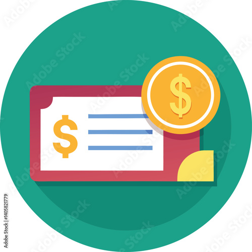 Illustration of a pay Check With a Dollar Coin in Flat Icon Style