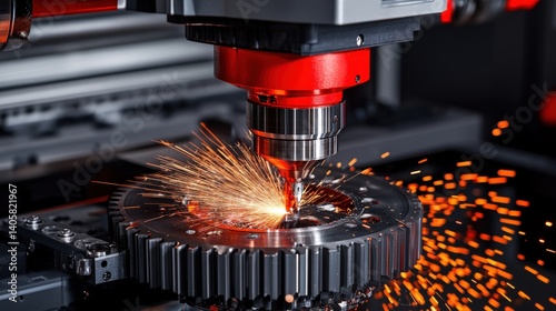 A fully automated CNC machine cutting a massive steel gear with sparks flying, representing high-precision manufacturing, with copy space