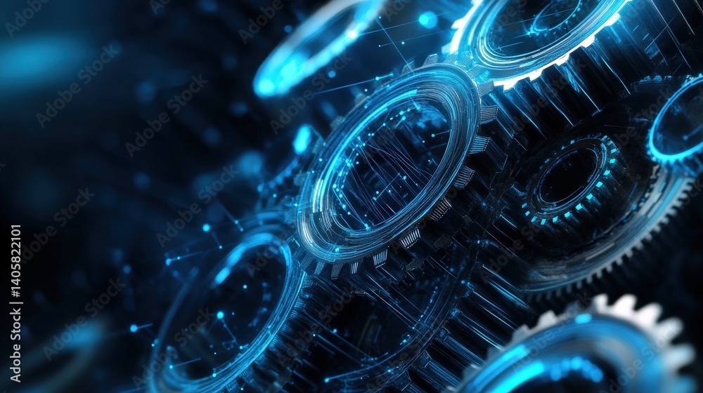 A futuristic concept of digital gears interconnected in a glowing blue cybernetic network, representing AI-powered automation, with copy space