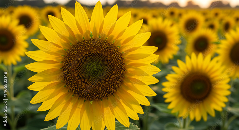 A vibrant sunflower field basking in the golden sunset light, radiating warmth and summer joy with a shallow depth of field and soft focus. A vibrant sunflower field basking in the golden sunset light, radiating warmth and summer joy with a shallow depth of field and soft focus.
