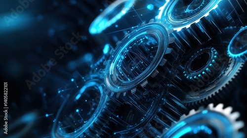 Obraz na płótnie A futuristic concept of digital gears interconnected in a glowing blue cybernetic network, representing AI-powered automation, with copy space w salonie