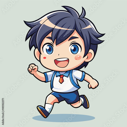 Cute cartoon boy running in school uniform