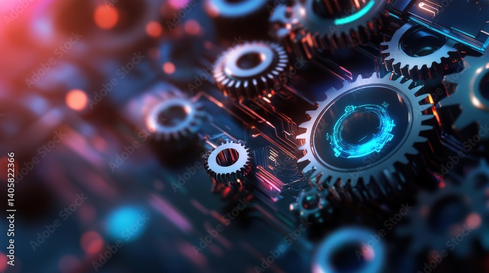 A futuristic conceptual background featuring glowing holographic gear models floating in a high-tech laboratory, with copy space