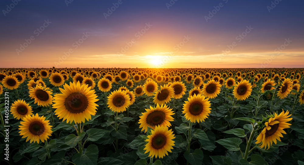 Obraz premium A breathtaking sunset paints the endless sunflower field in warm golden hues, creating a scene of serene beauty and natural wonder.
