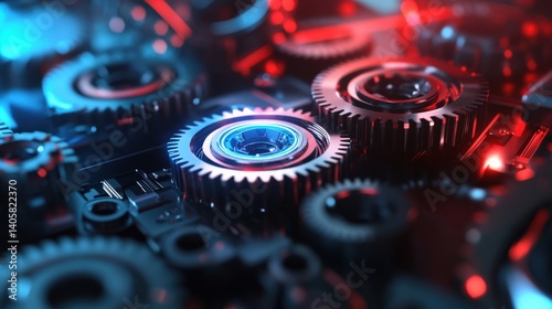 A futuristic conceptual background featuring glowing holographic gear models floating in a high-tech laboratory, with copy space