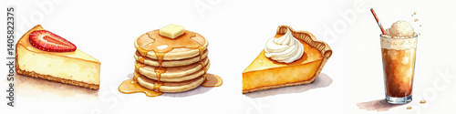 Watercolor American diner desserts: root beer float, pumpkin pie, pancakes, and cheesecake on white background.