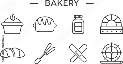 Bakery Shop Line Icons Bread, Toaster, Whisk, Oven, Jar