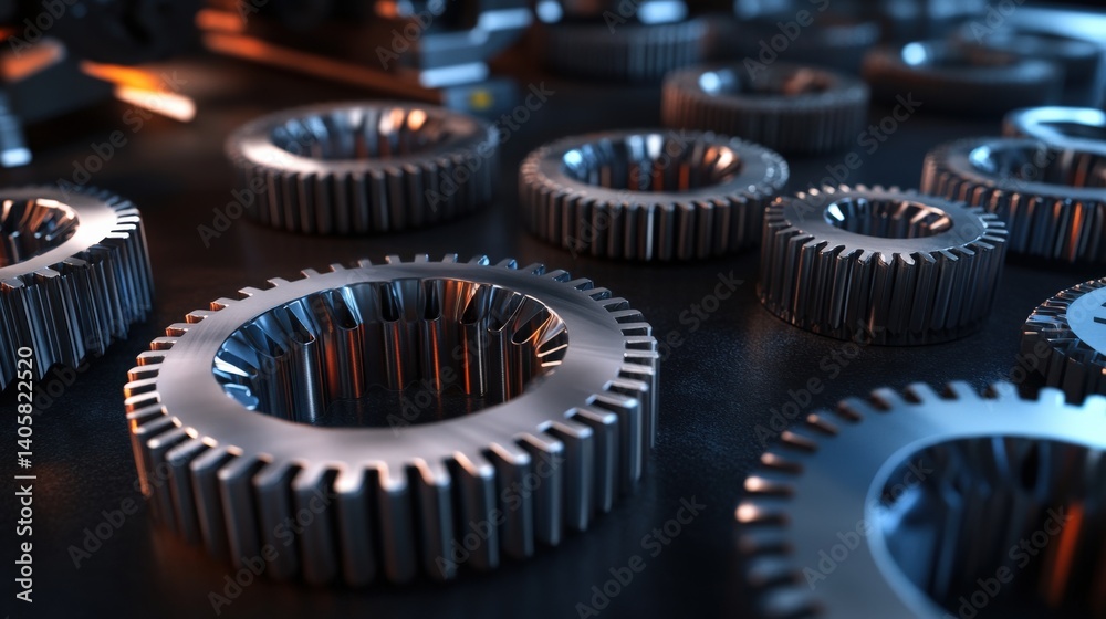 A futuristic robotic assembly line manufacturing oversized steel gears, with precision engineering and automated machinery, with copy space