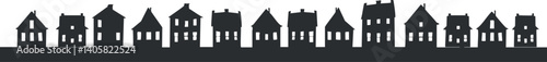A row of black silhouette houses creating a simple urban landscape illustration.