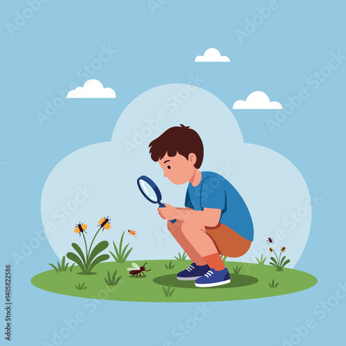 A curious boy examining insects with a magnifying glass in a vibrant garden under a clear blue sky, flat vector illustration