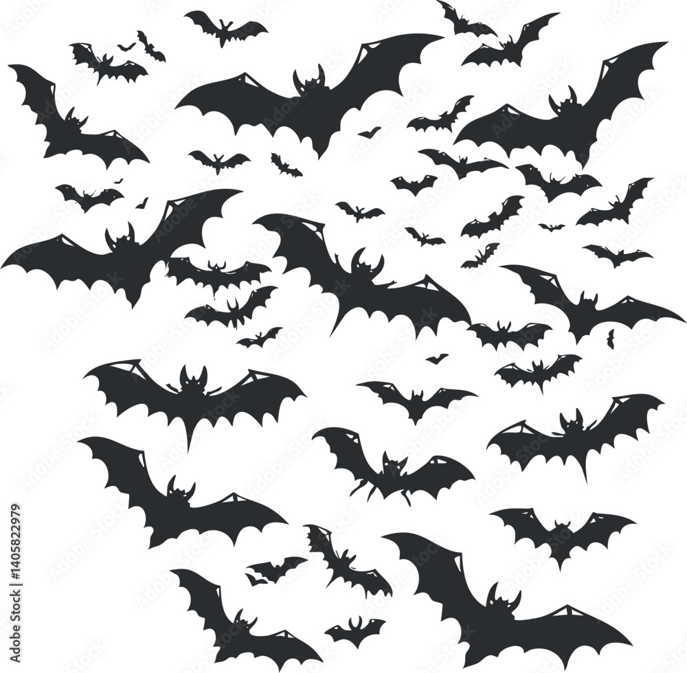 A collection of black bat silhouettes in various flying positions, perfect for Halloween themes.