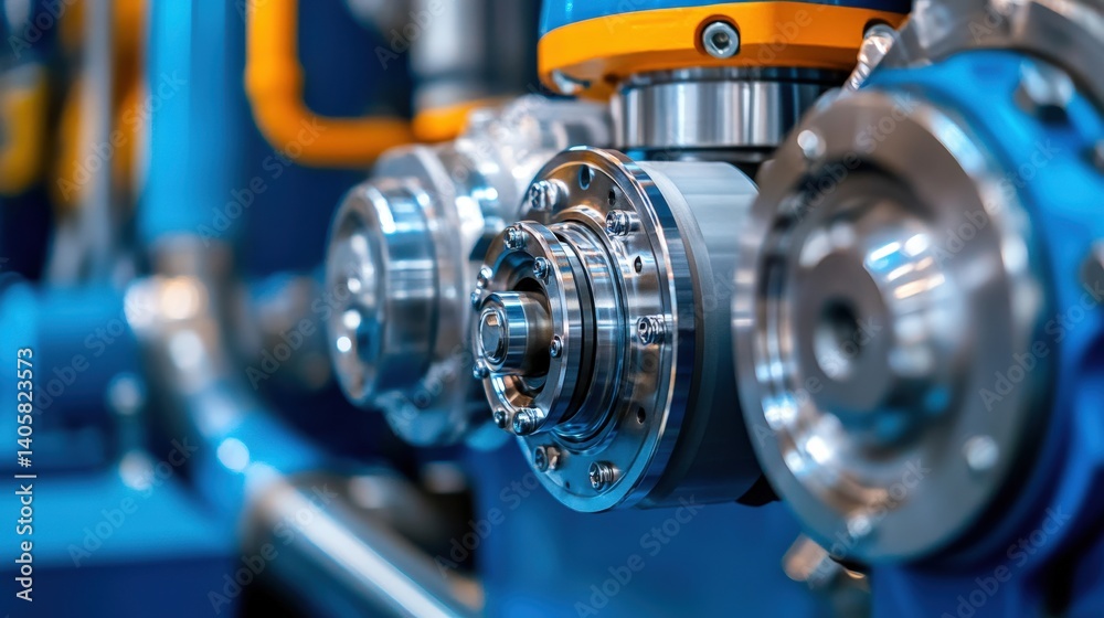 Fototapeta premium A heavy-duty gear transmission system inside a high-performance industrial machine, bathed in soft blue and silver tones, with copy space