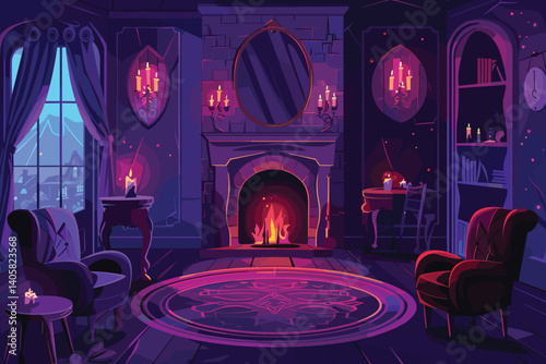 Magic school classroom interior at night. Vector cartoon illustration of dark room with old wooden desks and chairs, ancient books on shelves, blackboard on wall, candle light, starry sky in window