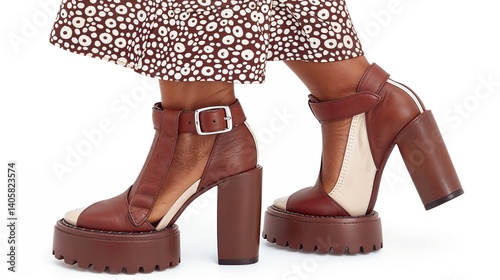 Woman wearing brown platform sandals stylish trendy summer fashion against white background with copy space